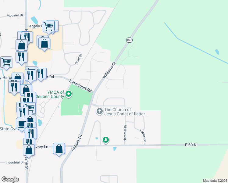 map of restaurants, bars, coffee shops, grocery stores, and more near 1523 Hammel Dr in Angola