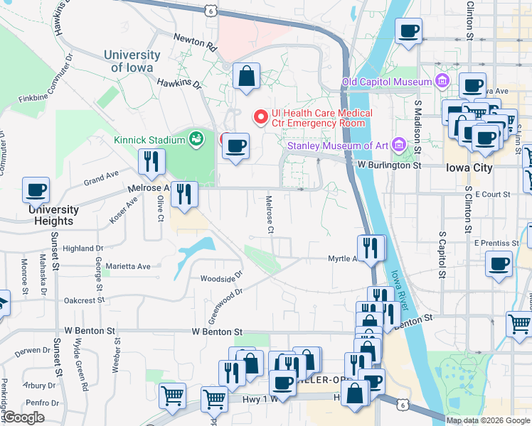 map of restaurants, bars, coffee shops, grocery stores, and more near 233 Melrose Court in Iowa City