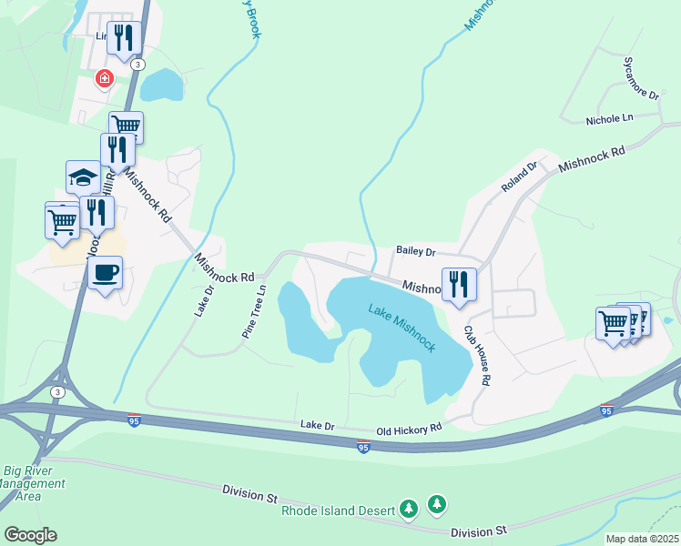 map of restaurants, bars, coffee shops, grocery stores, and more near 260B Mishnock Rd in West Greenwich