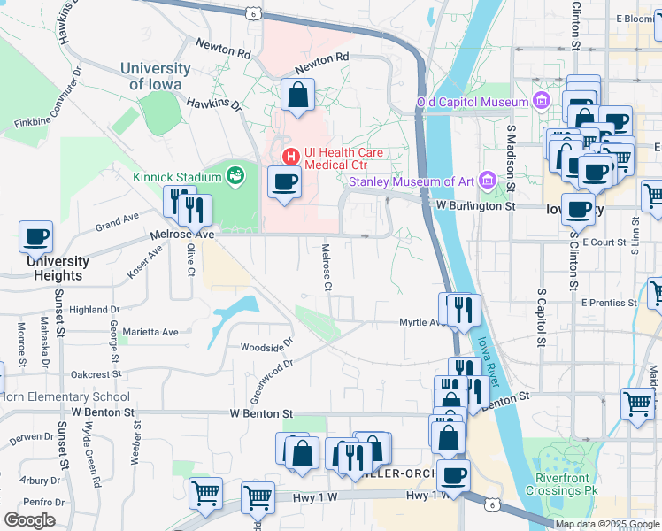 map of restaurants, bars, coffee shops, grocery stores, and more near 300 Melrose Court in Iowa City