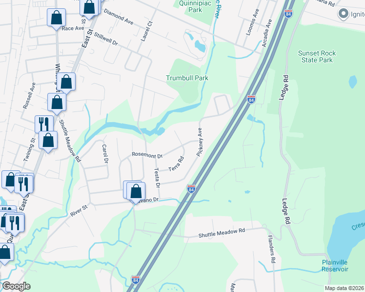 map of restaurants, bars, coffee shops, grocery stores, and more near 24 Terra Road in Plainville