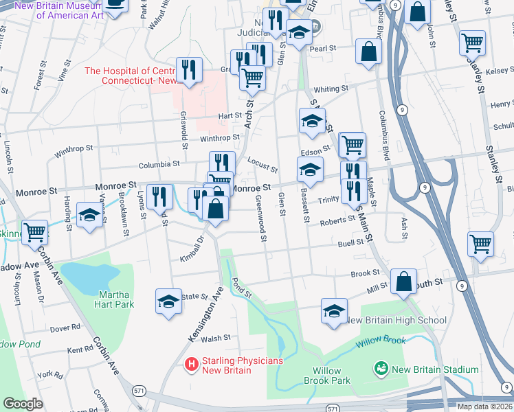map of restaurants, bars, coffee shops, grocery stores, and more near 51 Greenwood Street in New Britain