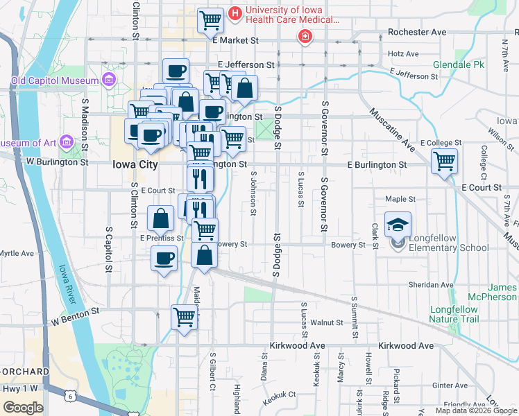 map of restaurants, bars, coffee shops, grocery stores, and more near 404 South Johnson Street in Iowa City