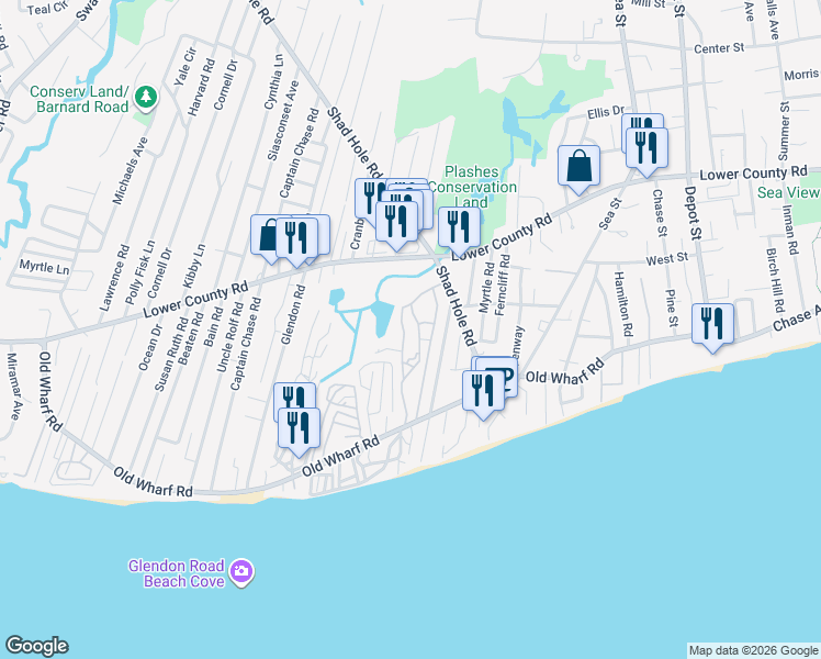 map of restaurants, bars, coffee shops, grocery stores, and more near 262 Old Wharf Road in Dennis
