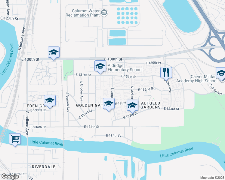 map of restaurants, bars, coffee shops, grocery stores, and more near E 132nd St in Chicago