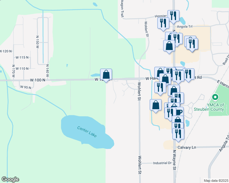 map of restaurants, bars, coffee shops, grocery stores, and more near Cameron Woods Dr in Angola