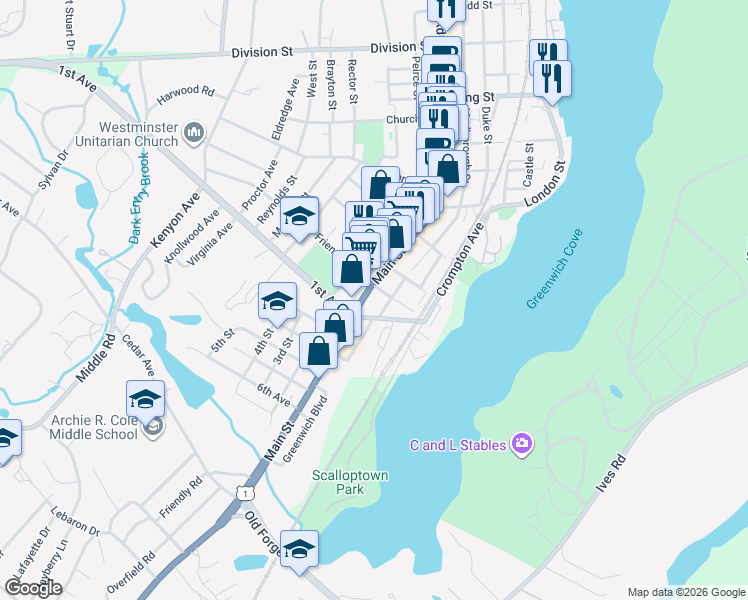 map of restaurants, bars, coffee shops, grocery stores, and more near 620 Main Street in East Greenwich