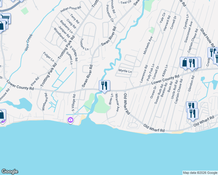 map of restaurants, bars, coffee shops, grocery stores, and more near 31 Mayflower Lane in Dennis