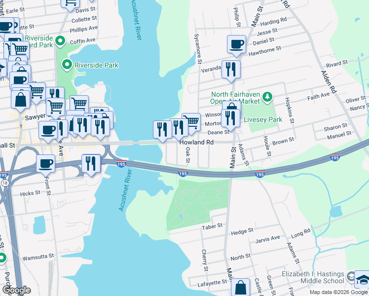 map of restaurants, bars, coffee shops, grocery stores, and more near 32 Howland Road in Fairhaven