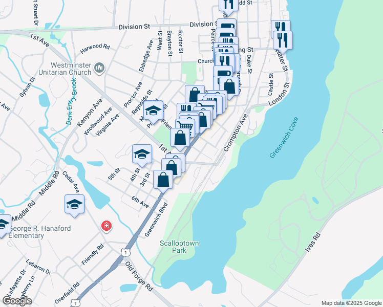map of restaurants, bars, coffee shops, grocery stores, and more near 572 Main Street in East Greenwich