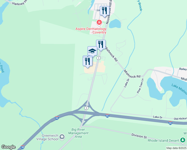 map of restaurants, bars, coffee shops, grocery stores, and more near 54 Nooseneck Hill Road in West Greenwich