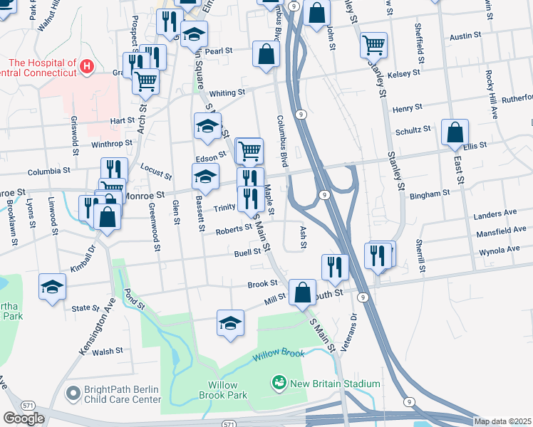 map of restaurants, bars, coffee shops, grocery stores, and more near 304 Maple Street in New Britain