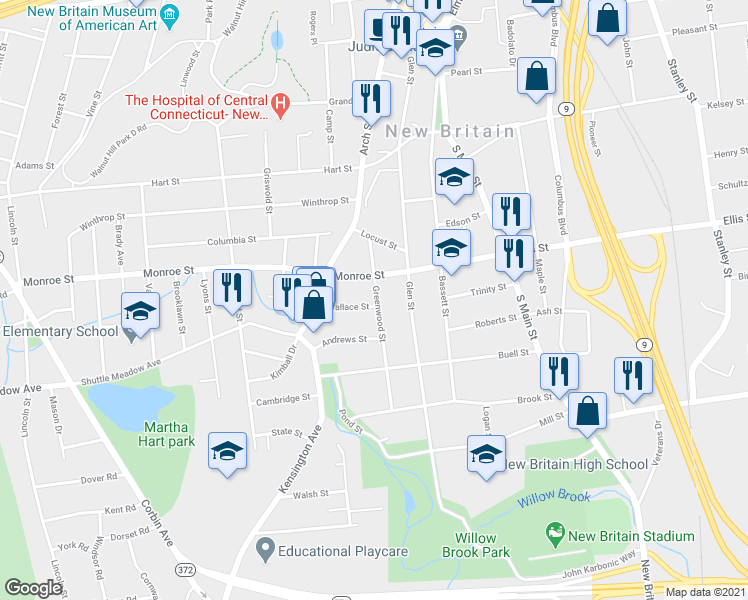 map of restaurants, bars, coffee shops, grocery stores, and more near 51 Greenwood Street in New Britain