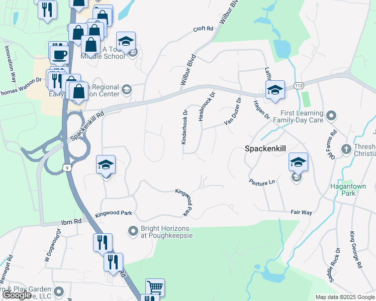 map of restaurants, bars, coffee shops, grocery stores, and more near 32 Kinderhook Drive in Poughkeepsie