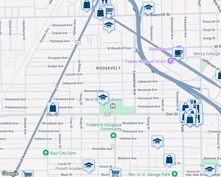 map of restaurants, bars, coffee shops, grocery stores, and more near 1052 Oakwood Avenue in Toledo