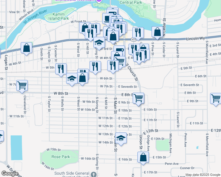 map of restaurants, bars, coffee shops, grocery stores, and more near 509 South Main Street in Mishawaka