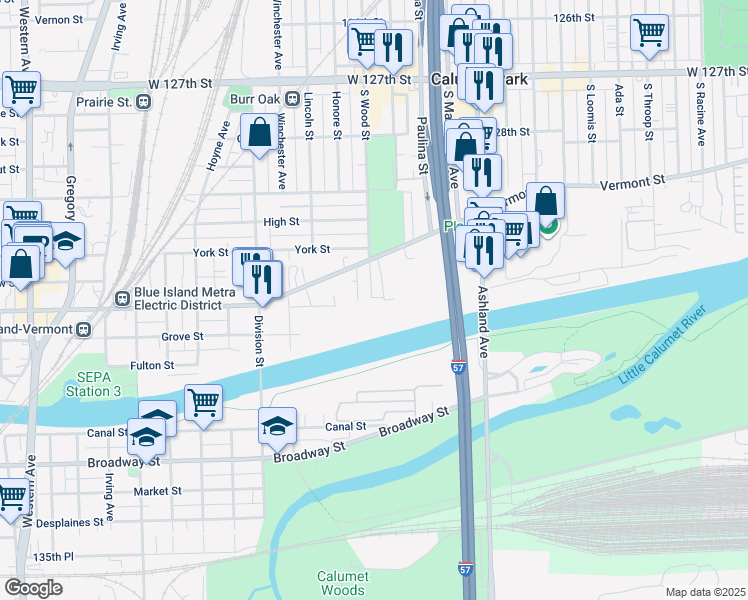 map of restaurants, bars, coffee shops, grocery stores, and more near 13029 Honore Street in Blue Island