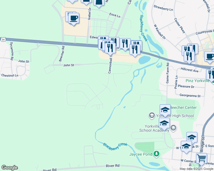 map of restaurants, bars, coffee shops, grocery stores, and more near 1222 Cannonball Trail in Yorkville