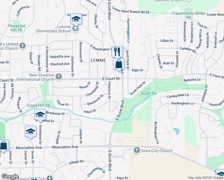 map of restaurants, bars, coffee shops, grocery stores, and more near 443 South Scott Boulevard in Iowa City