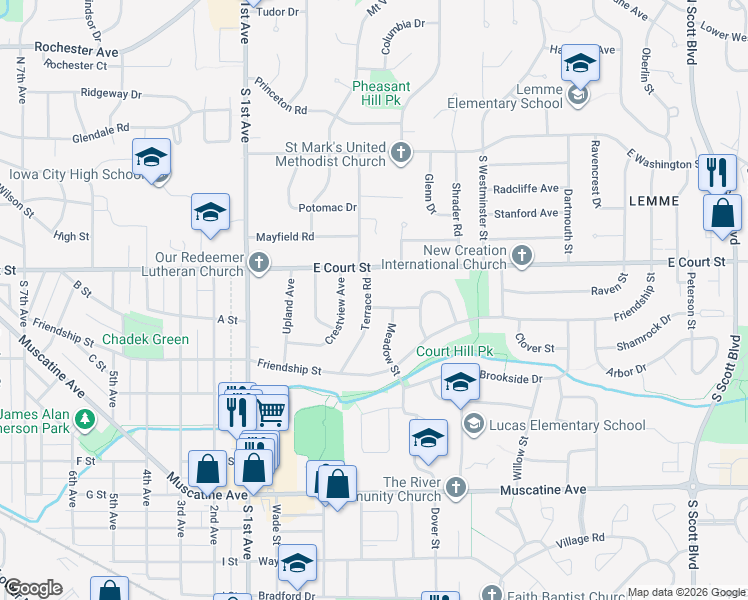 map of restaurants, bars, coffee shops, grocery stores, and more near 407 Terrace Road in Iowa City