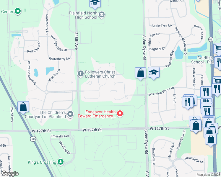 map of restaurants, bars, coffee shops, grocery stores, and more near 24545 West Prairie Grove Drive in Plainfield