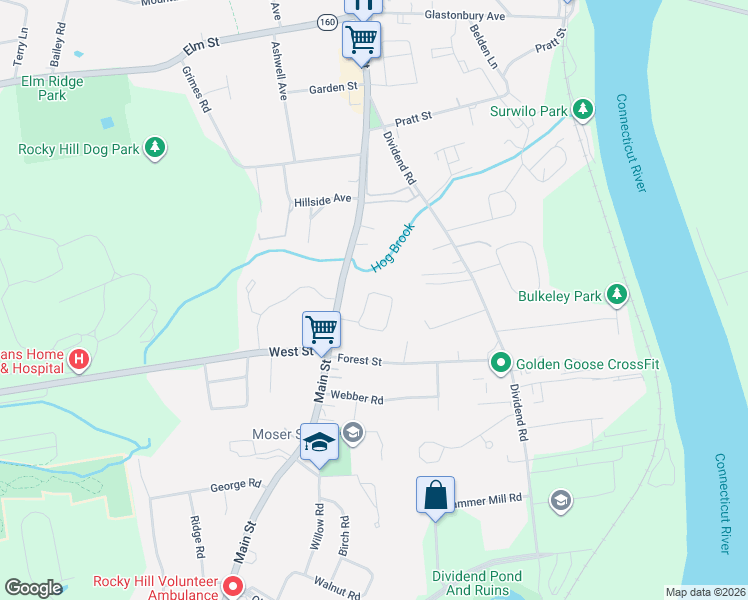 map of restaurants, bars, coffee shops, grocery stores, and more near 16 Stepney Circle in Rocky Hill