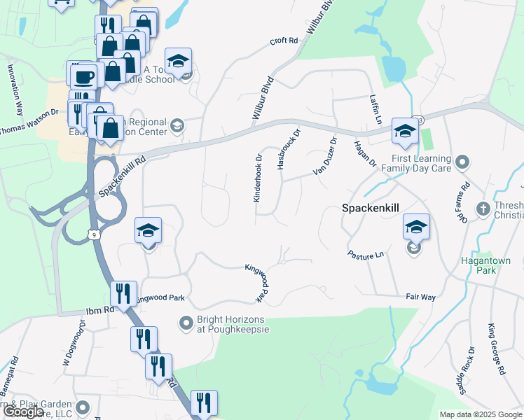 map of restaurants, bars, coffee shops, grocery stores, and more near 32 Kinderhook Drive in Poughkeepsie