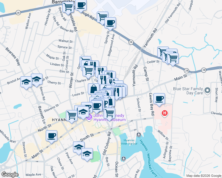 map of restaurants, bars, coffee shops, grocery stores, and more near 68 Center Street in Barnstable