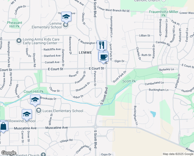 map of restaurants, bars, coffee shops, grocery stores, and more near 443 South Scott Boulevard in Iowa City