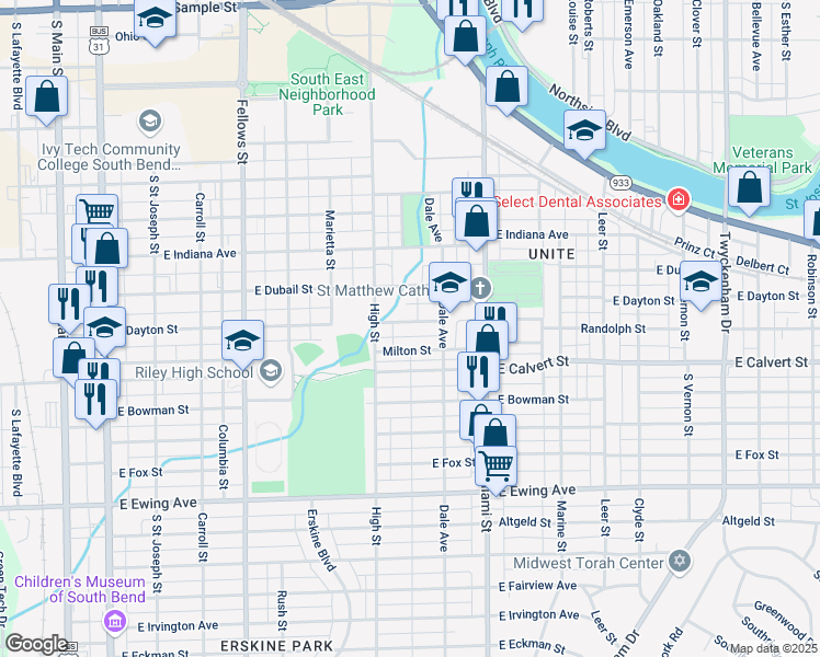map of restaurants, bars, coffee shops, grocery stores, and more near 830 East Dayton Street in South Bend