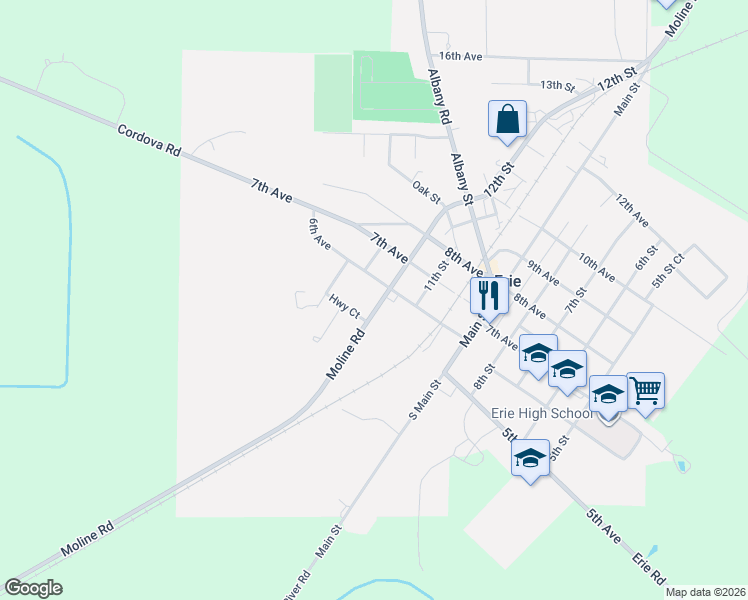 map of restaurants, bars, coffee shops, grocery stores, and more near 521 12th Street in Erie