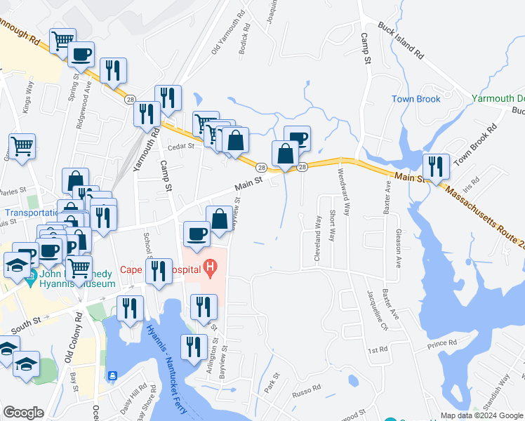 map of restaurants, bars, coffee shops, grocery stores, and more near 4 Bayview Street in Yarmouth