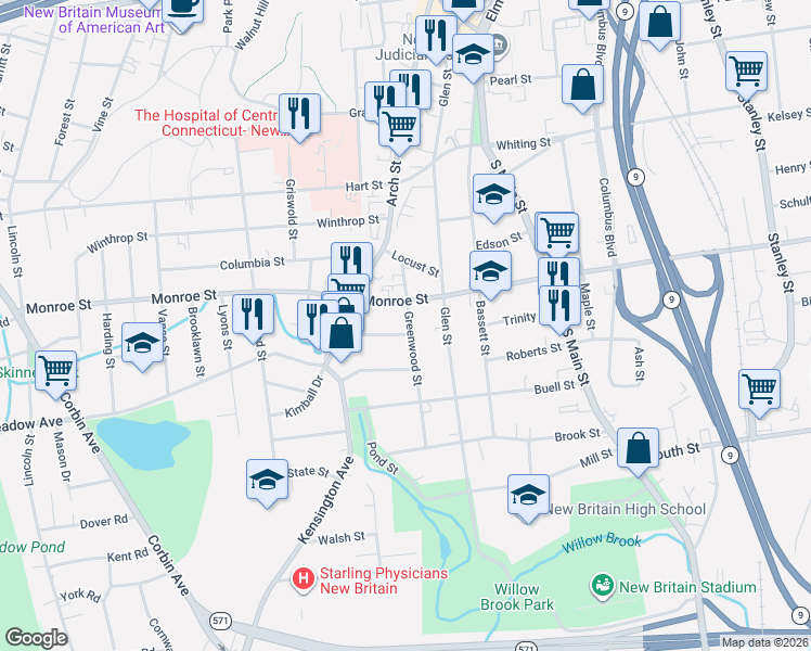 map of restaurants, bars, coffee shops, grocery stores, and more near 51 Greenwood Street in New Britain