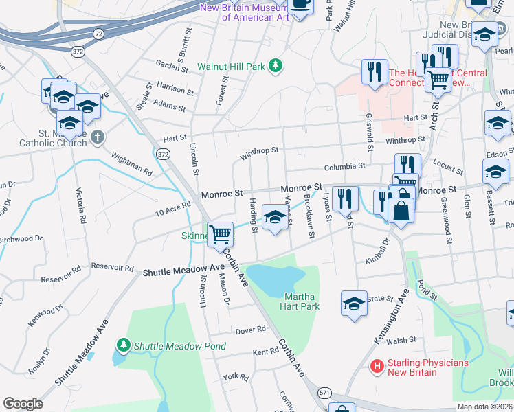 map of restaurants, bars, coffee shops, grocery stores, and more near 90 Harding Street in New Britain