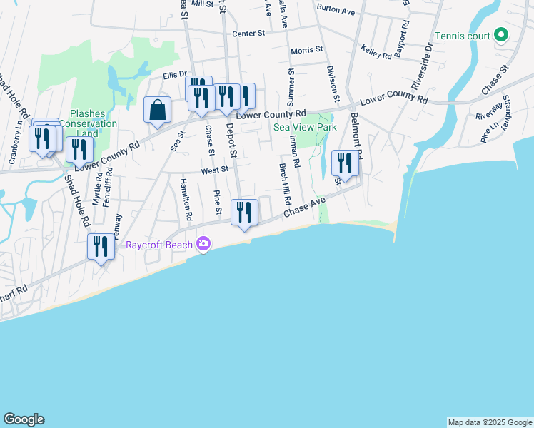 map of restaurants, bars, coffee shops, grocery stores, and more near 17 Ocean Park East in Dennis