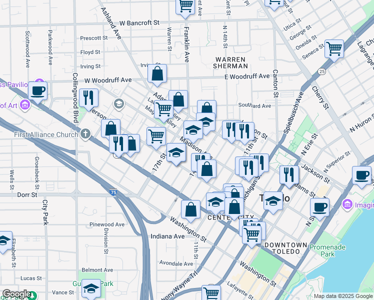 map of restaurants, bars, coffee shops, grocery stores, and more near 1600 Madison Avenue in Toledo