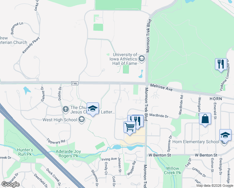 map of restaurants, bars, coffee shops, grocery stores, and more near 326 Willow Wind Place in Iowa City