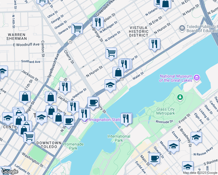 map of restaurants, bars, coffee shops, grocery stores, and more near 301 Locust Street in Toledo