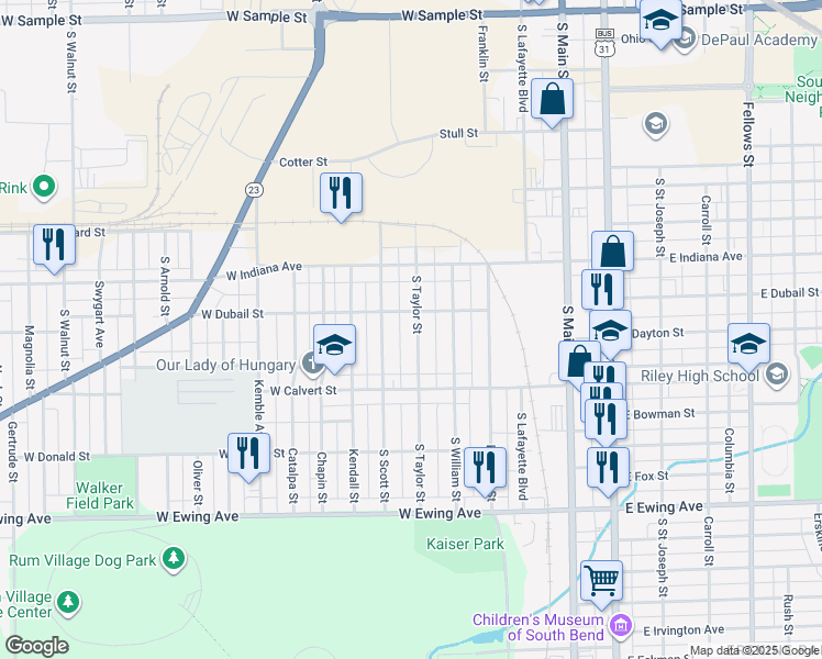 map of restaurants, bars, coffee shops, grocery stores, and more near 1715 South Taylor Street in South Bend