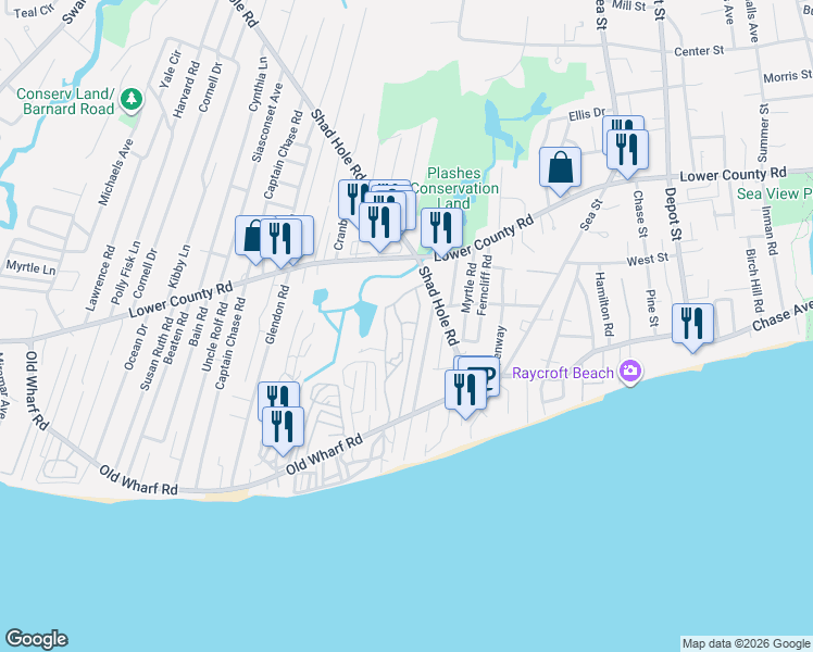 map of restaurants, bars, coffee shops, grocery stores, and more near Pond Rd in Dennis