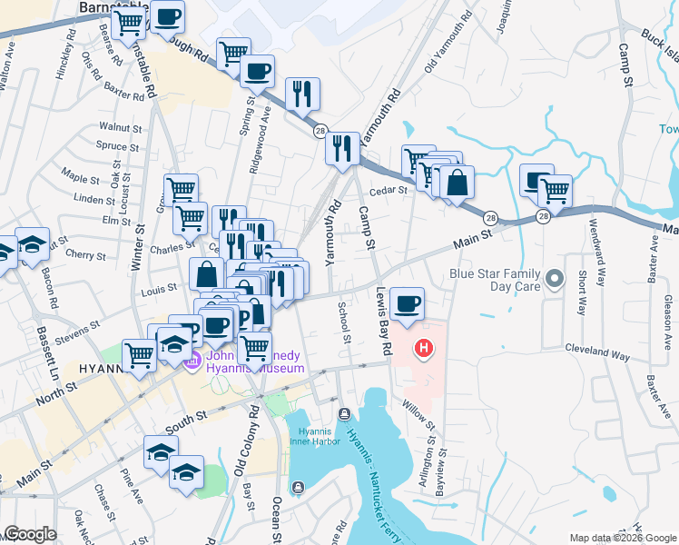 map of restaurants, bars, coffee shops, grocery stores, and more near 4 Lynxholm Court in Barnstable