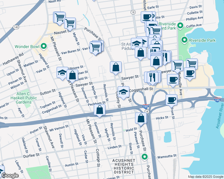 map of restaurants, bars, coffee shops, grocery stores, and more near 1079-1081 County Street in New Bedford
