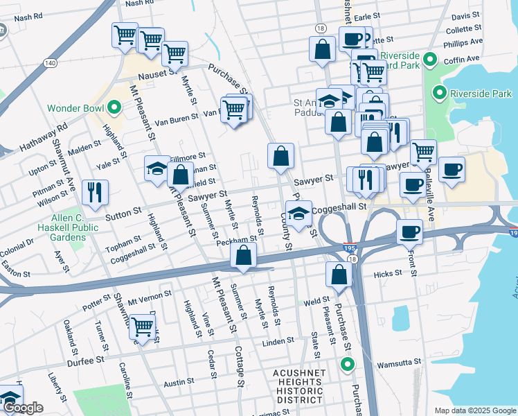 map of restaurants, bars, coffee shops, grocery stores, and more near 448 Sawyer Street in New Bedford