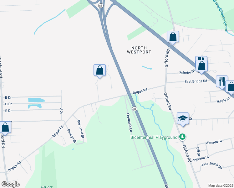map of restaurants, bars, coffee shops, grocery stores, and more near 85 Briggs Road in Westport