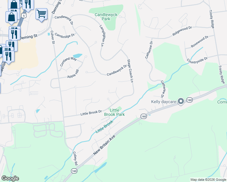 map of restaurants, bars, coffee shops, grocery stores, and more near 49 Trotter Lane in Newington