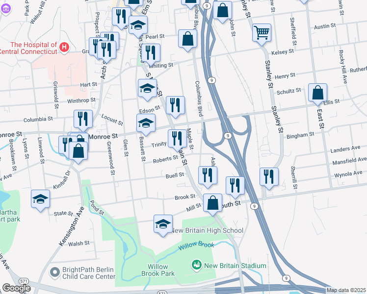 map of restaurants, bars, coffee shops, grocery stores, and more near 304 Maple Street in New Britain