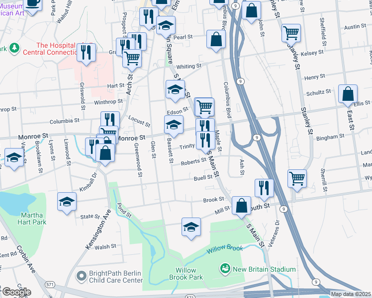 map of restaurants, bars, coffee shops, grocery stores, and more near 38 Trinity Street in New Britain