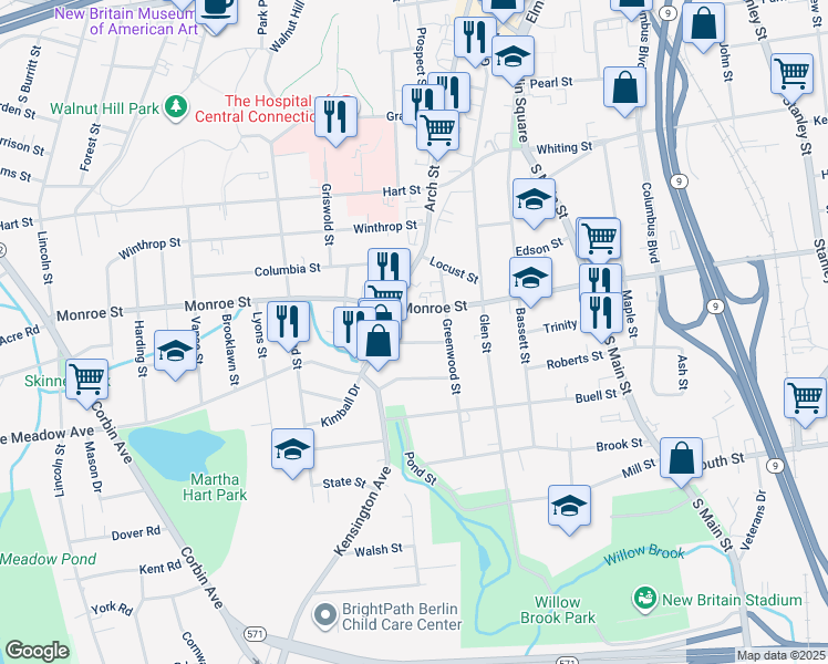map of restaurants, bars, coffee shops, grocery stores, and more near 90 Monroe Street in New Britain