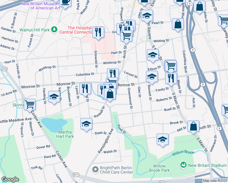 map of restaurants, bars, coffee shops, grocery stores, and more near 90 Monroe Street in New Britain