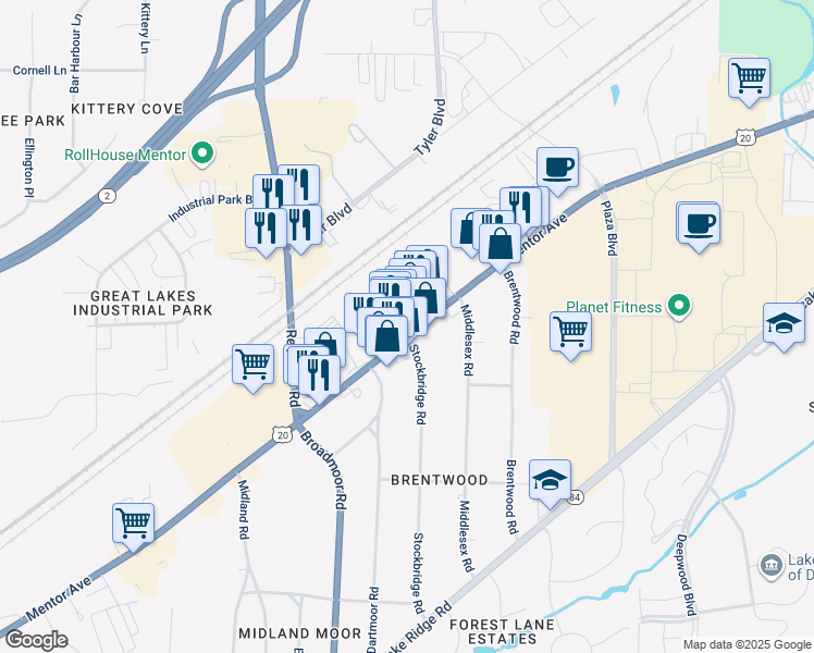 map of restaurants, bars, coffee shops, grocery stores, and more near 7535 Mentor Ave in Mentor